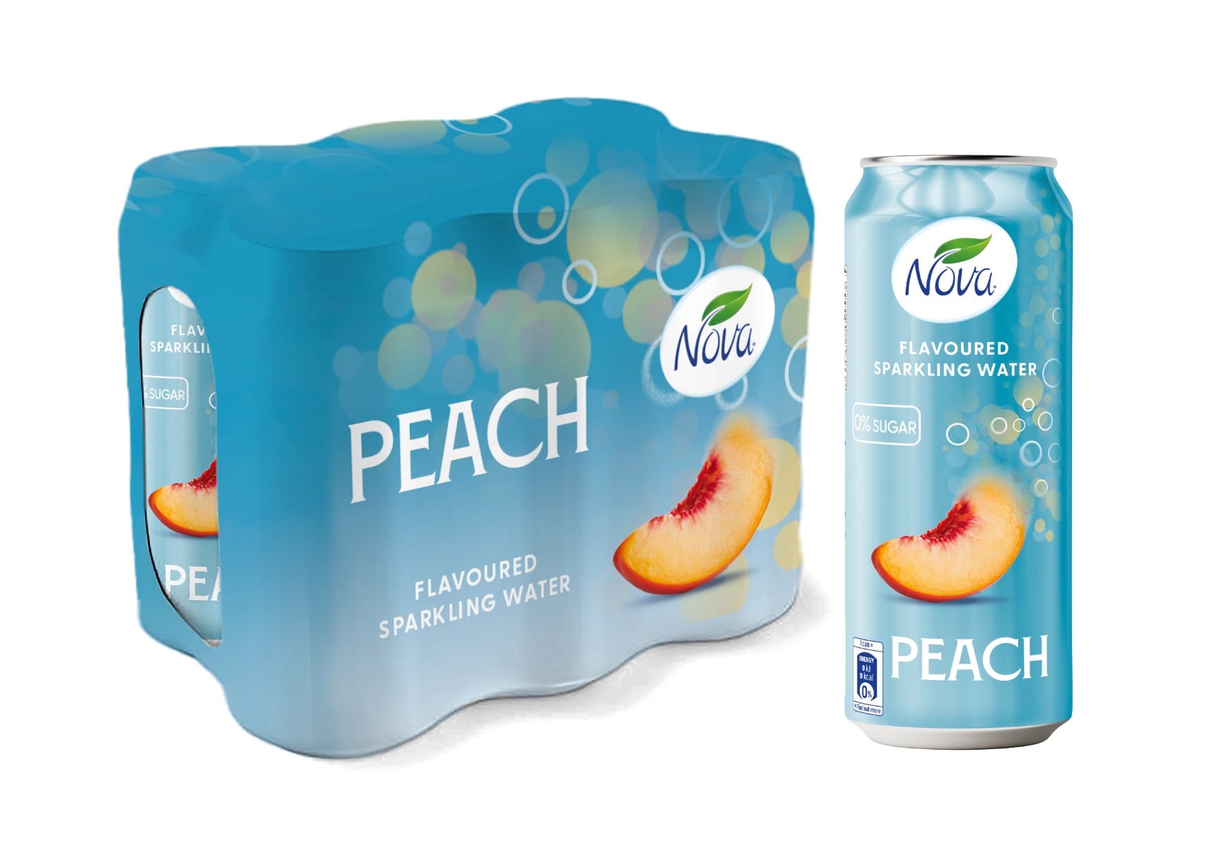 Nova Flavoured Sparkling Water, Peach, 250mL Shrink, 6 Cans