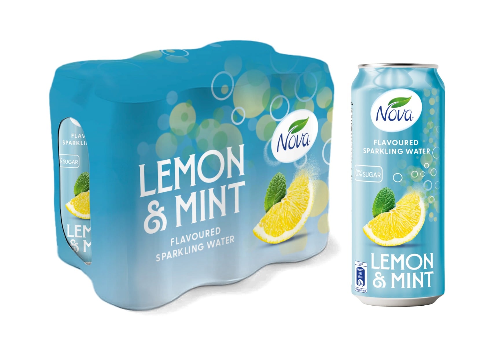 Nova Flavoured Sparkling Water, Lemon and Mint, 250mL Shrink, 6 Cans